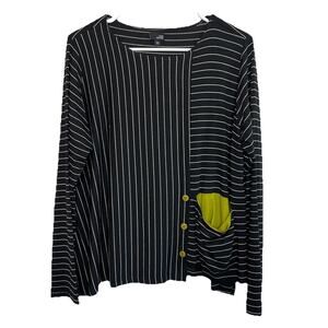 LISA BAYNE Medium Black Green Stripe Dolman Sleeve Boat Neck Top Lagenlook Ab25